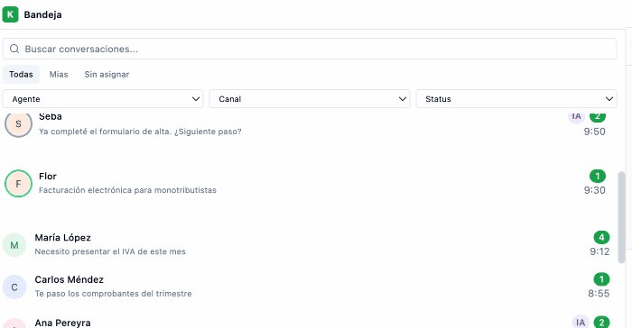 Bandeja multi-agente de WatX — cada agente ve sus propias conversaciones de WhatsApp